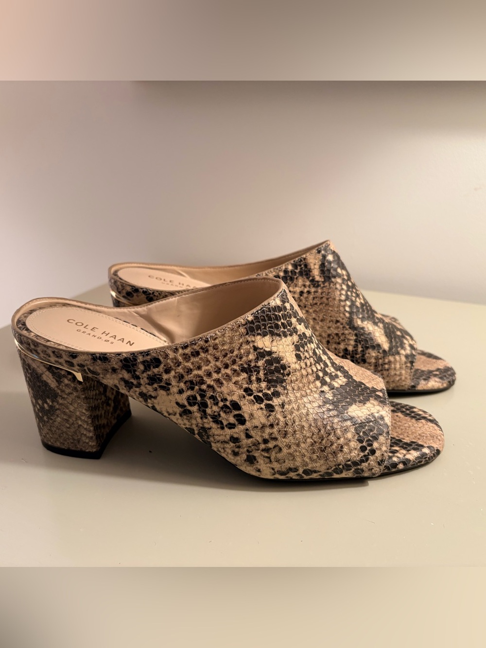Cole Haan Snake-Print Open Toe Block Heel Mules in Beige and Black